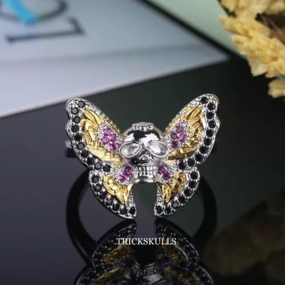 Butterfly Skull Multicolor Lab Gem Stone Pave Ring Glam Punk Size 6 7 8 9 New! - Picture 3 of 6